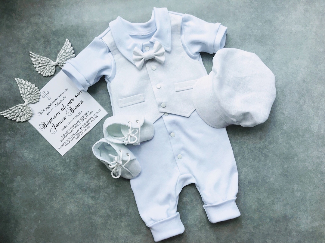 Linen Baby Boy Baptism Outfit, White Bowtie Christening Set - Etsy