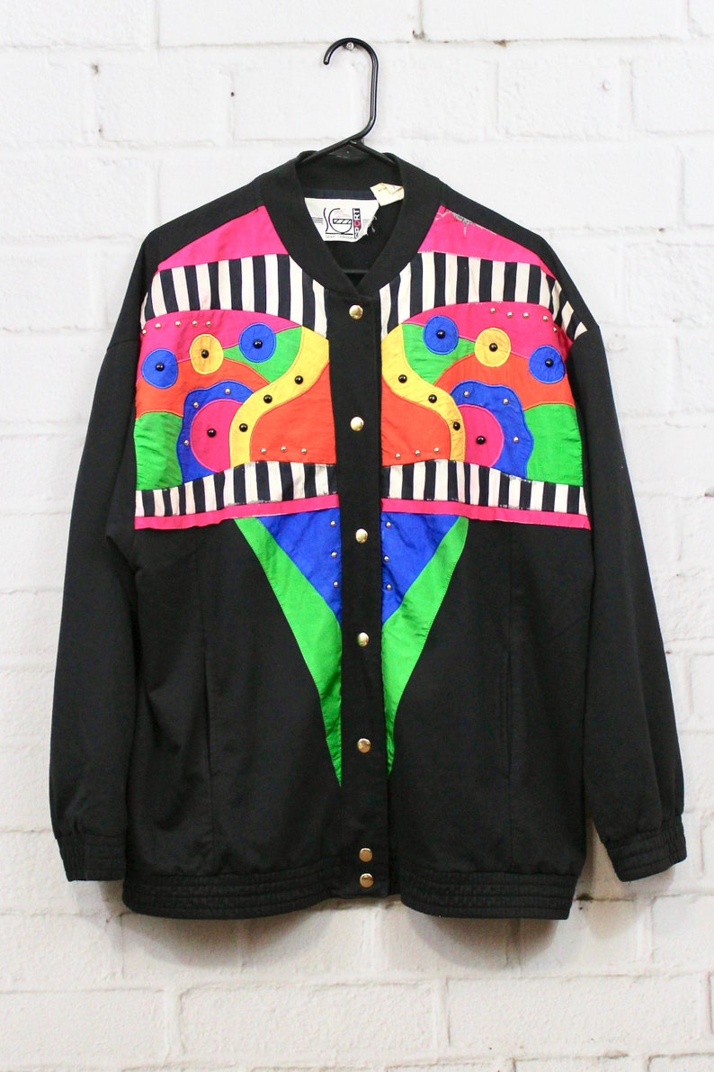 Women/'s Vintage Saint Germain Sports Cardigan 80s 90s Black /& Neon Geometric Beaded Button Up Sweater Fresh Prince Kelly Kapowski Retro