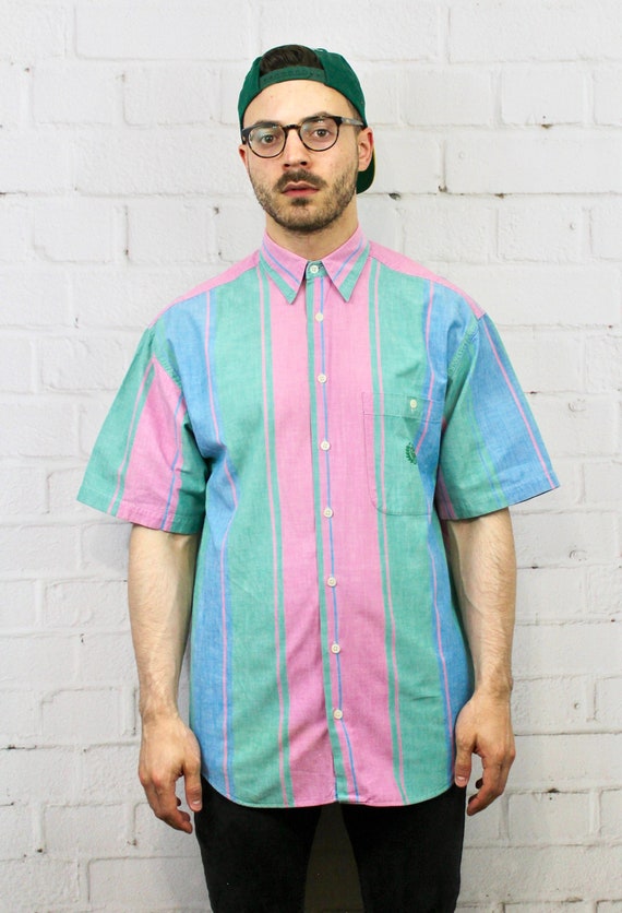 Mens 90s Vintage Vertical Stripe Shirt Pink Blue Green Etsy