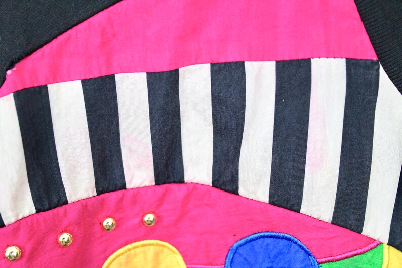 Women/'s Vintage Saint Germain Sports Cardigan 80s 90s Black /& Neon Geometric Beaded Button Up Sweater Fresh Prince Kelly Kapowski Retro