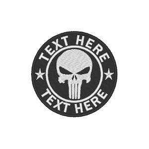May include: Black and white embroidered patch featuring a skull and crossbones design. The text "TEXT HERE" is written around the skull in a circle.