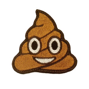 May include: Brown embroidered patch with a smiling poop emoji. The emoji has two large white eyes with black pupils and a white smile.