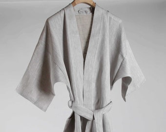 100% Linen Unisex Kimono Bath Robe Dressing Gown with Pockets - One Size