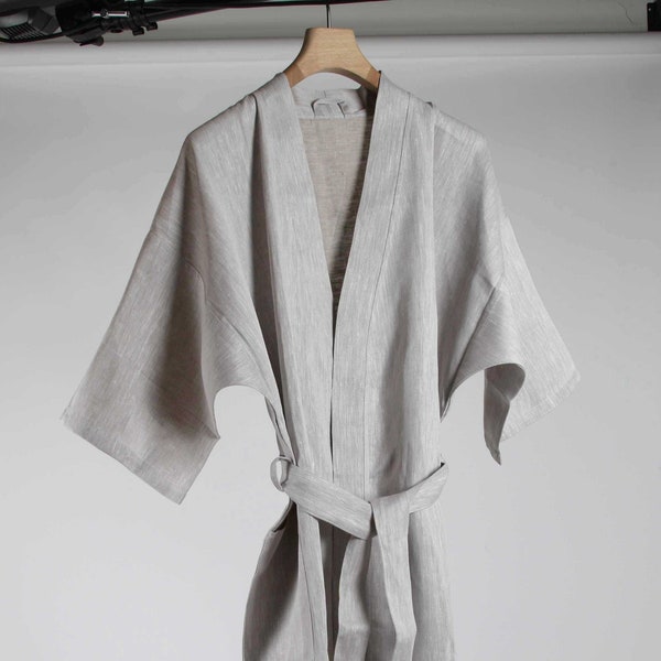 100% Linen Unisex Kimono Bath Robe Dressing Gown with Pockets - One Size