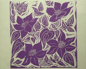 Clematis Flower Lino Print: Mauve Floral Art on Japanese Paper