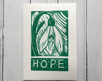 Snowdrop Card, Hand Printed Greetings Card, Floral Birthday Card, Spring Flowers, Mothers Day Card, Botanical card.