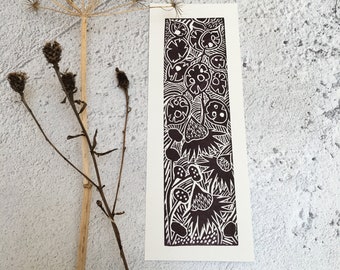 Botanical Bookmark, Black and White Lino Cut Bookmark, Abstract Bookmark, Wild Seed Head Print, Book Lover Gift.