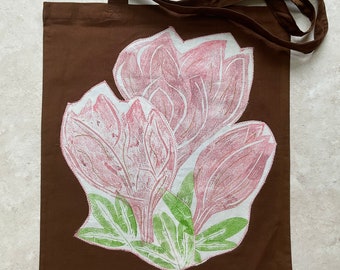 Brown cotton Tote, Magnolias, Handprinted Fabric , Eco Shopping Bag .