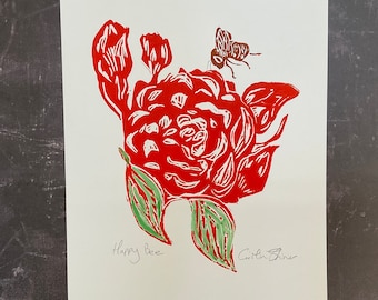 Red Rose Linocut Print: Handprinted Bee and Flower Art