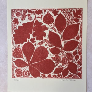 Autumn Leaf Lino Cut Print in Red, Linocut Print of Leaves and Seed Heads , Botanical Leaf Lino Cut Print, Handmade Botanical Print. image 1