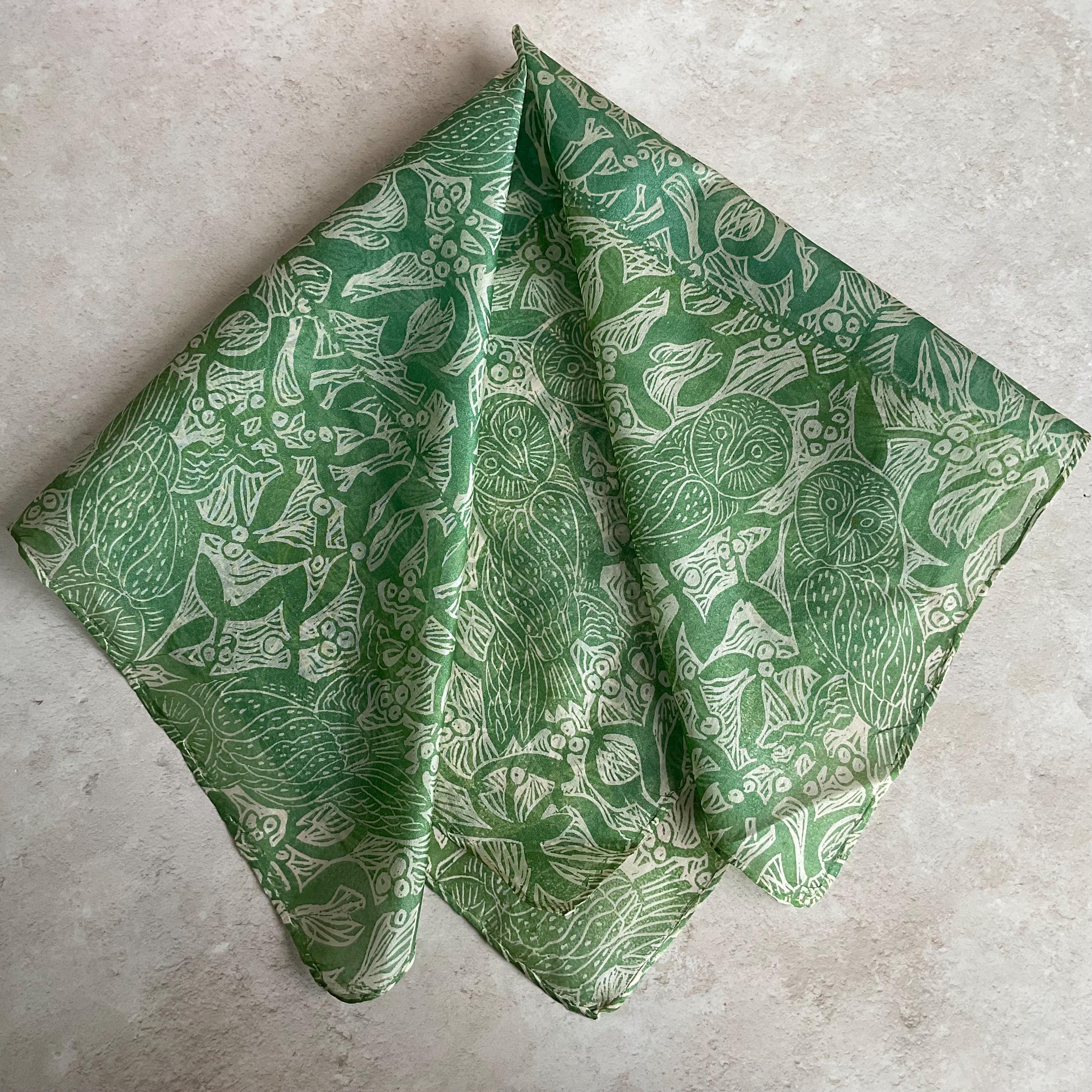 Handprinted Silk Square Scarf: Mistletoe and Owls