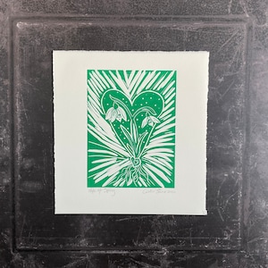 Linocut Print of Snowdrops In Green . Handprinted Snowdrop Lino Print.
