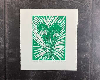 Linocut Print of Snowdrops In Green . Handprinted Snowdrop Lino Print.