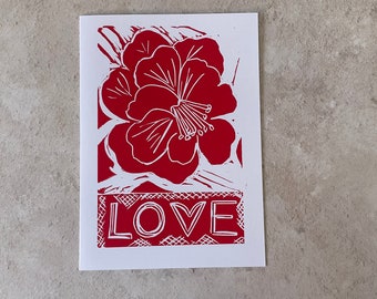 Handprinted Linocut Love Card, Valentine’s Day Card, Red Camellia Linocut Print, Handmade Valentines Cards.