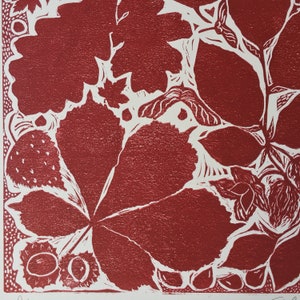 Autumn Leaf Lino Cut Print in Red, Linocut Print of Leaves and Seed Heads , Botanical Leaf Lino Cut Print, Handmade Botanical Print. image 4