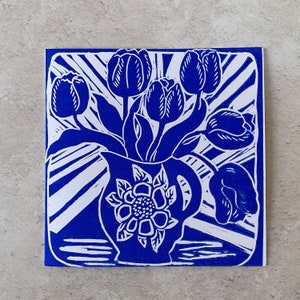Tulipanes, Tarjeta Floral, Tarjeta Hecha a Mano, Estampado Linograbado, Flores De Primavera, Tarjeta Tulipán,