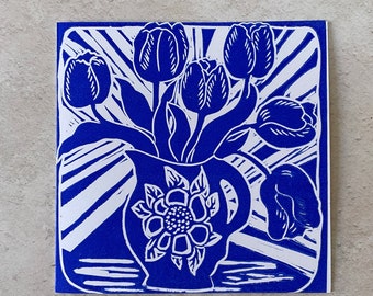 Tulips, Floral Card, Handmade Card, Linocut print, Spring Flowers, Tulip Card,