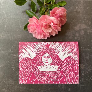Christmas Angel Card, Handmade Christmas Card, Festive Angel Card, Guardian Angel, Linocut Print.