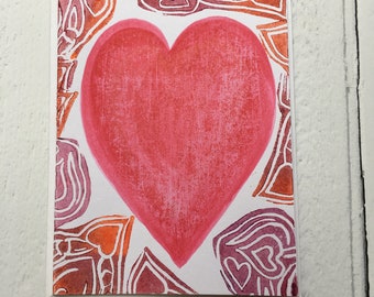 Pink Love Heart Card, Handmade Soft Red Love Heart Card, Lino Printed Card Romantic Valentines Card,