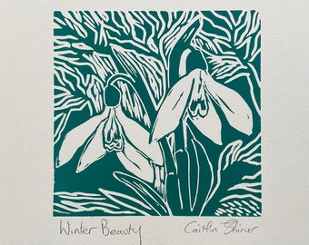 Snowdrops Lino Cut Print, Winter Green Artwork