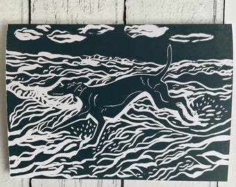 Handprinted Whippet Birthday Card: Sea Grey Ink