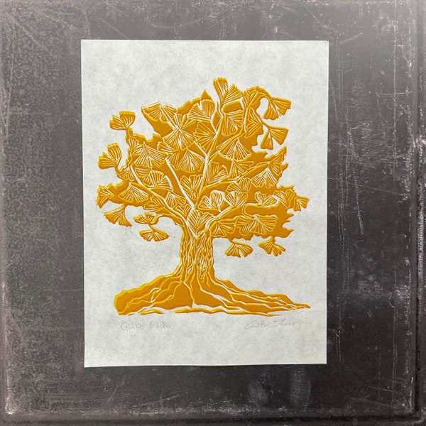 Ginkgo Leaf  Linocut Print, Handprinted Yellow Lino Print Tree. Golden Wedding Gifts