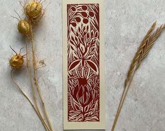 Botanical Bookmark,Handprinted Lino Mini Print, Abstract Print of Seed Heads In Rust Burnt Sienna Ink .