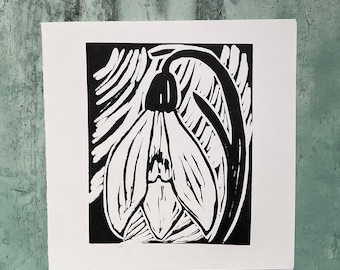 Snowdrop Greeting Card, Linocut Snowdrop Card,Linocut Snowdrop Print.