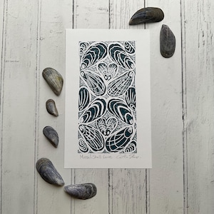 Mussels, Linocut Print of Mussel Shells, Seashells.
