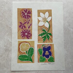 Fleurs printanières sauvages, impression linogravure, fleurs sauvages, impression linogravure de fleurs.