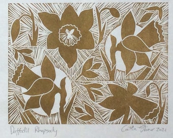 Daffodil Rhapsody Linocut Print: Khaki Brown Floral Art