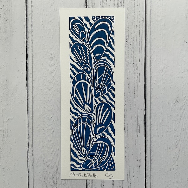 Mussel shell Bookmark, Handprinted Bookmark, Sea Shell Linocut Print Bookmark, Mini Lino Cut Print.