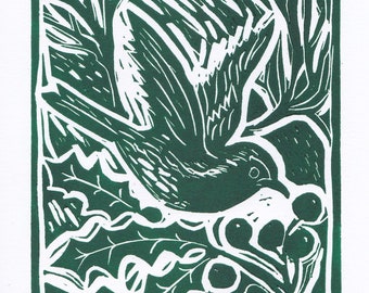 Winter Green Robin Christmas Card, Hand Printed Festive Winter Card, Seasonal Lino Print Greetings Card. Nature Lover Card