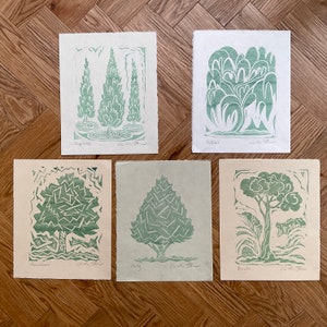 Trees, Linocut trees, Set of Tree Prints, Linocut Tree Prints, Willow Tree, Holly Tree, Hawthorn Tree, Birch Tree, Cypress Tree.