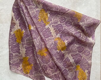 Lilac Tulip Silk Scarf, Yellow and Purple Tulips Silk Square Scarf, Handprinted Scarf, Tulip Linocut Print Scarf.