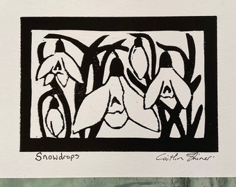 Snowdrops Woodcut Print: Black and White Floral Art (16cm x 11cm)