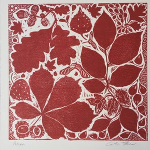 Autumn Leaf Lino Cut Print in Red, Linocut Print of Leaves and Seed Heads , Botanical Leaf Lino Cut Print, Handmade Botanical Print. image 3