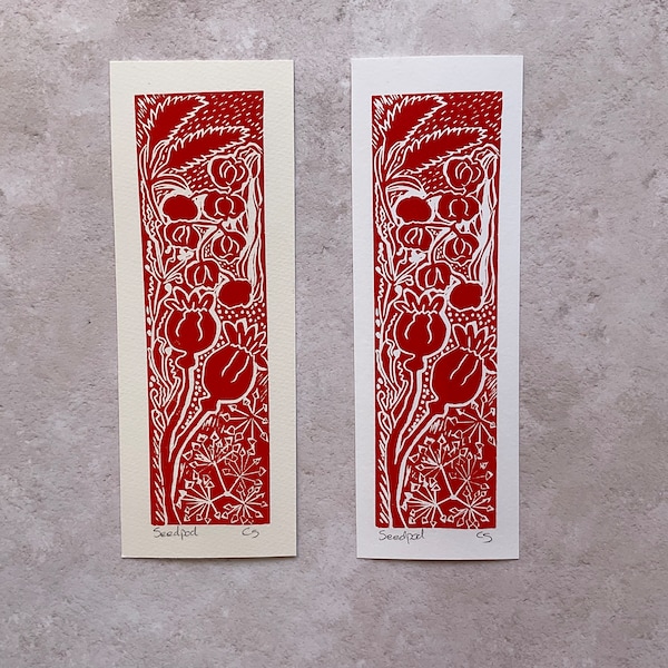 Botanical Scarlet Bookmark, Nature Inspired Small Lino Print, Red Poppy Seed Head Print, Handprinted Bookmark .