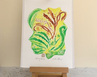 Fern Print, Original Green and Yellow Spring Fern Collagraph Print. Spring Fairy Print.