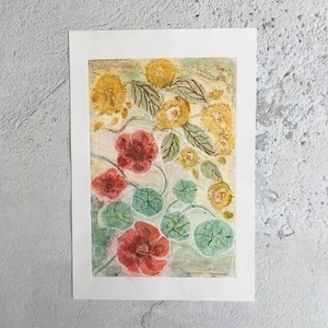 May include: A watercolour painting of a floral arrangement featuring red and yellow flowers with green leaves. The flowers are painted in a realistic style, with delicate details and soft colours.