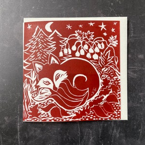 Carte renard, carte de Noël renard faite main, carte de Noël imprimée à la main avec un renard, renard de Noël linogravure, carte linogravure renard automne.