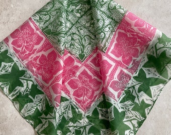 Pink Hellebore,Ivy and Snowdrop Handprinted Silk Scarf, Snowdrops and Hellebores Scarf, Linocut Print Silk Scarf.