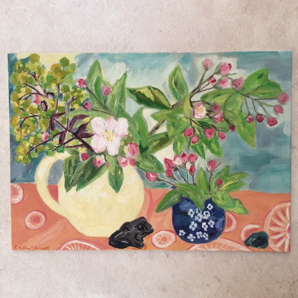 Peinture de fleurs de pommier, oeuvre d'art printanière, peinture florale, fleurs dans un pichet vintage, peinture à l'huile, peinture botanique.