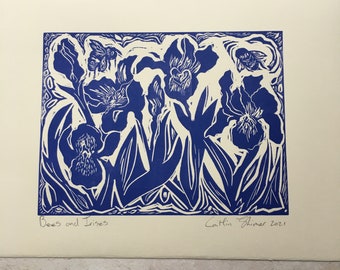 Hand Printed Irises and Bumblebee Lino Print: Blue Floral Wall Art