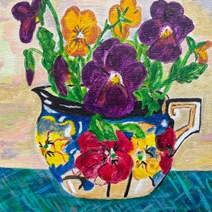 Original Painting Of Purple Pansies In A Vintage Jug Still Life Painting Original Painting Of Floral Still Life. image 3