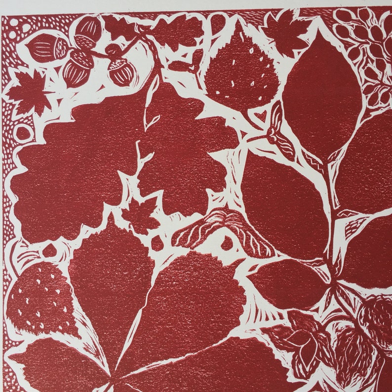 Autumn Leaf Lino Cut Print in Red, Linocut Print of Leaves and Seed Heads , Botanical Leaf Lino Cut Print, Handmade Botanical Print. image 5