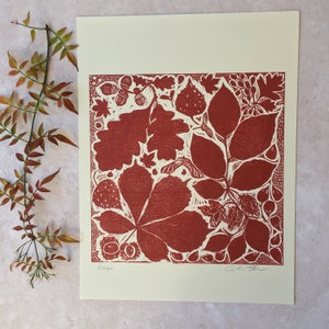 Autumn Leaf Lino Cut Print in Red, Linocut Print of Leaves and Seed Heads , Botanical Leaf Lino Cut Print, Handmade Botanical Print. Red