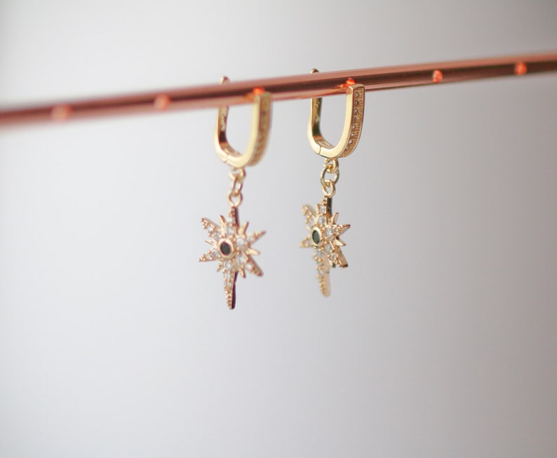 Dainty Earrings North Star Hoop Earrings Bridesmaids gift Gold Huggie Earrings Starburst Earrings