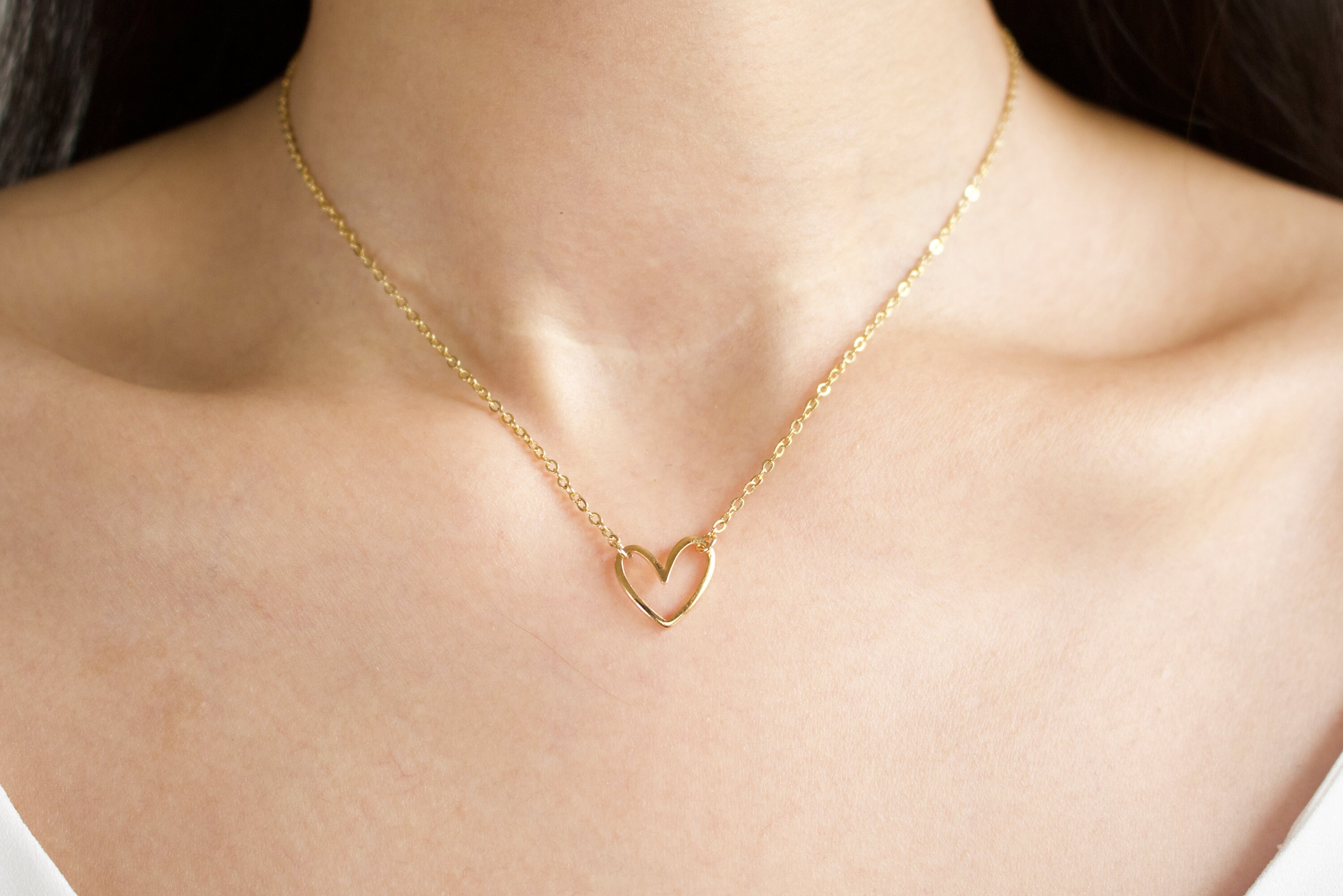 Heart Necklace Dainty Open Heart Necklace Gold Heart Outline Etsy