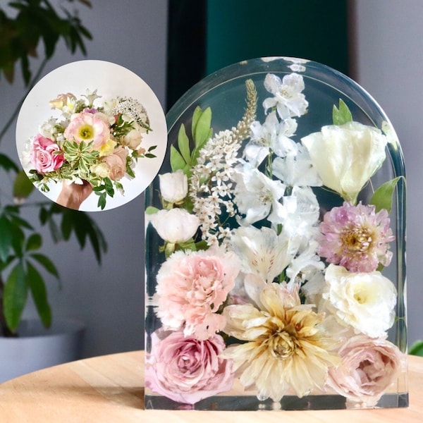 Préservation bouquet de mariage *ACOMPTE* upcycling, conservez vos fleurs, souvenir/ cadeaux de mariage personalisé, résine epoxy